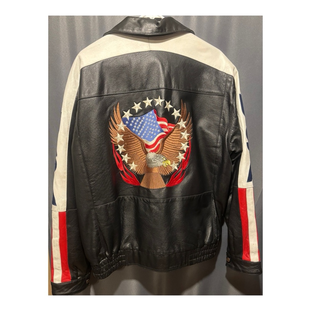 Genuine Black Leather Jacket Mens Large Patriotic USA: American Flag: Bald Eagle